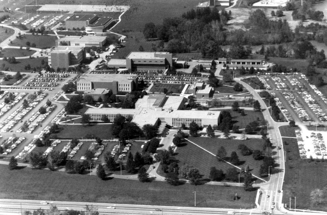 Arial view of campus in the 1960s and early 70s